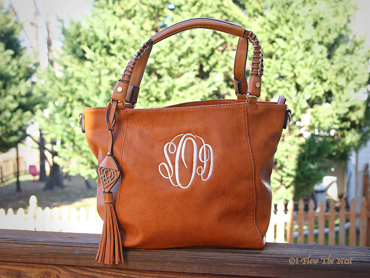 belle monogrammed tote bag with golden tassel i flew the nest