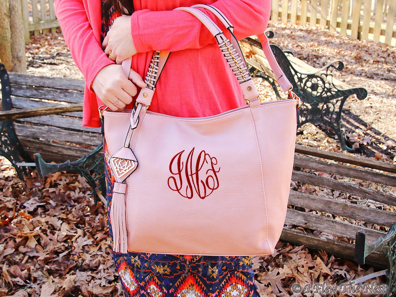 belle monogrammed tote bag with golden tassel i flew the nest